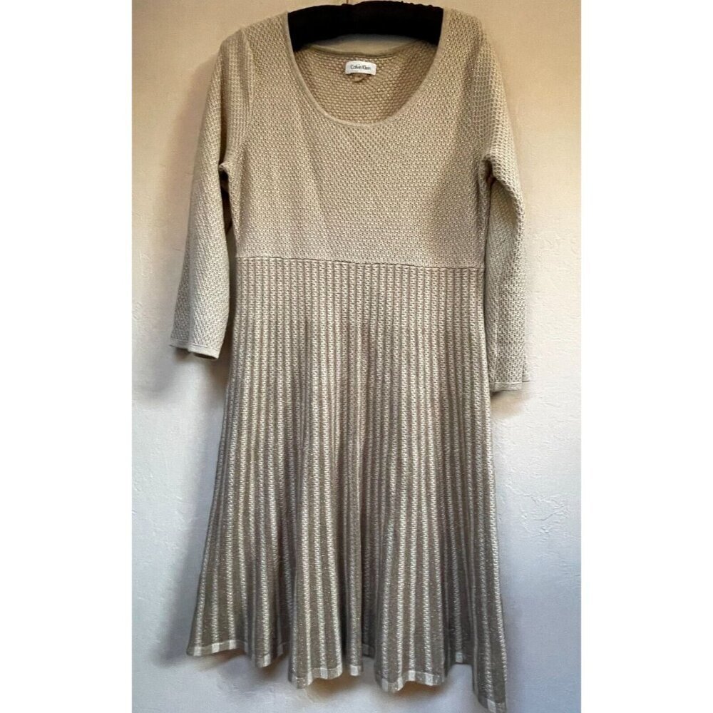 Calvin Klein Scoop Neck Acrylic Lures Metallic Knit Sweater Dress Large Casual